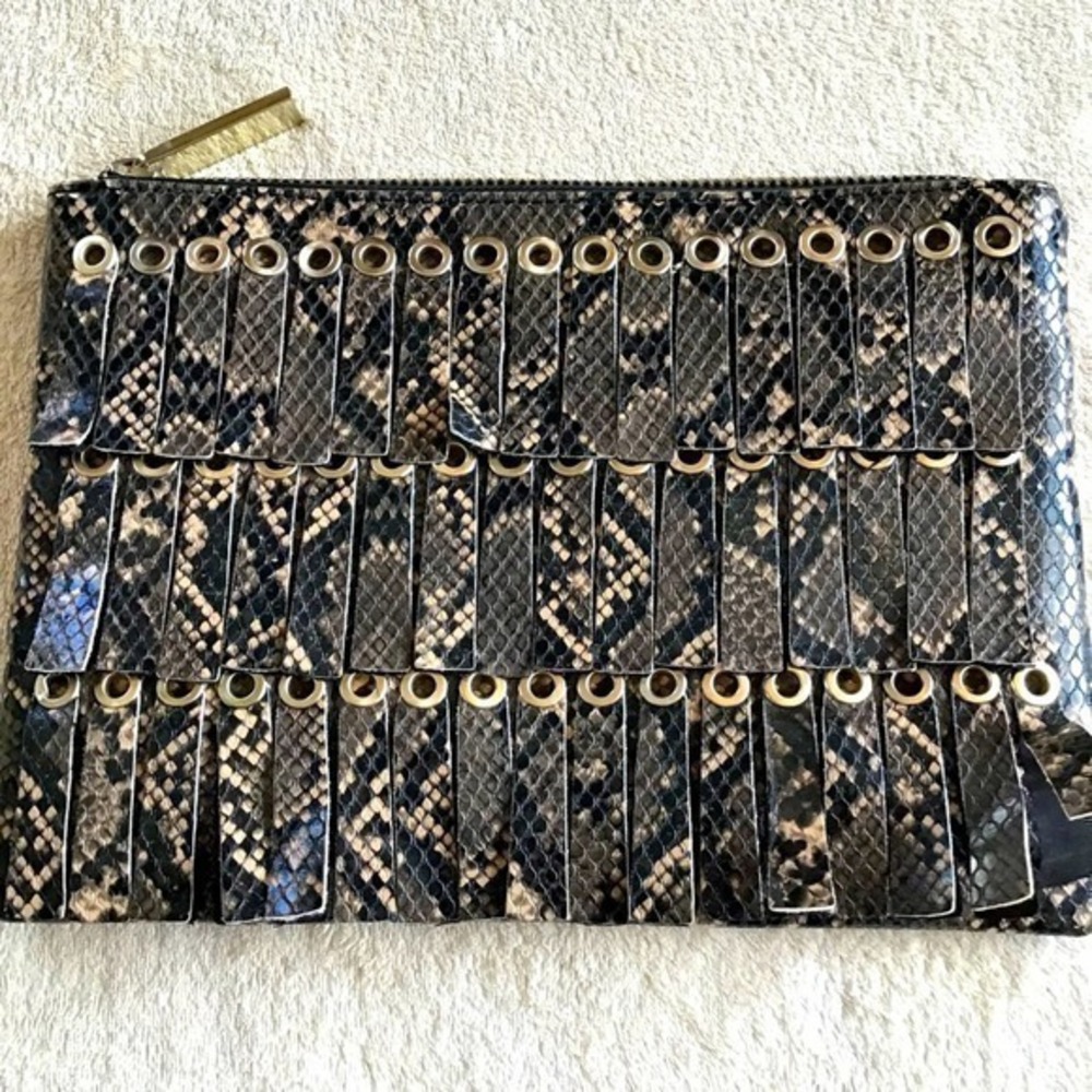 TOPSHOP faux snake skin fringe clutch